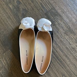 Antonio Melani black patent leather and white flats